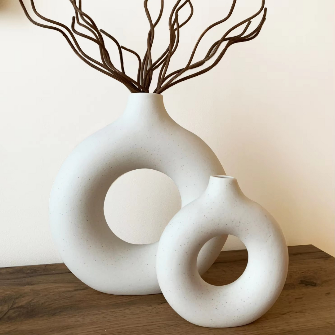 LOMEA Runde Keramik-Vase im Nordic Design im 2er SET – Donut-Form für stilvolle Wohnzimmer- und Bürodeko