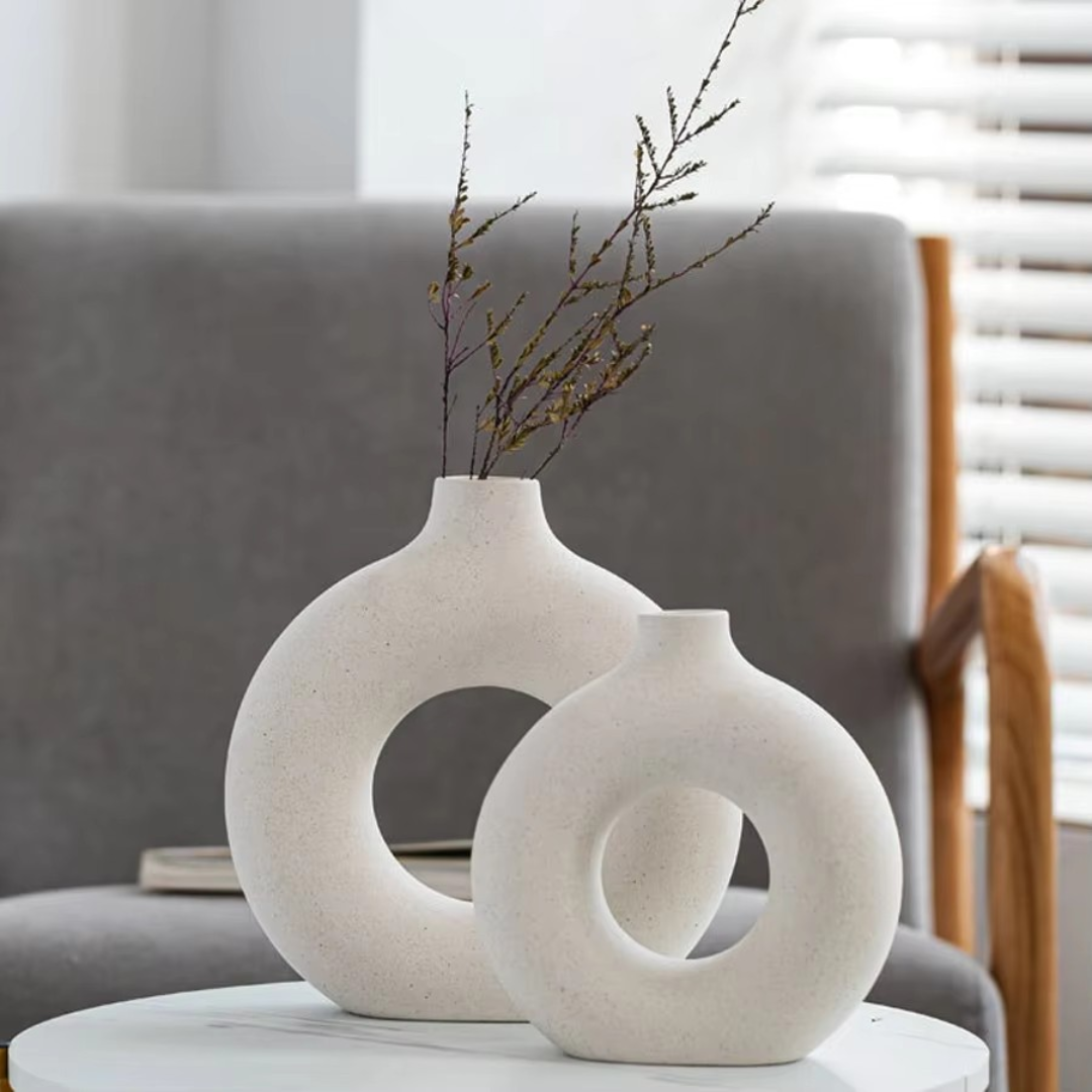 LOMEA Runde Keramik-Vase im Nordic Design im 2er SET – Donut-Form für stilvolle Wohnzimmer- und Bürodeko