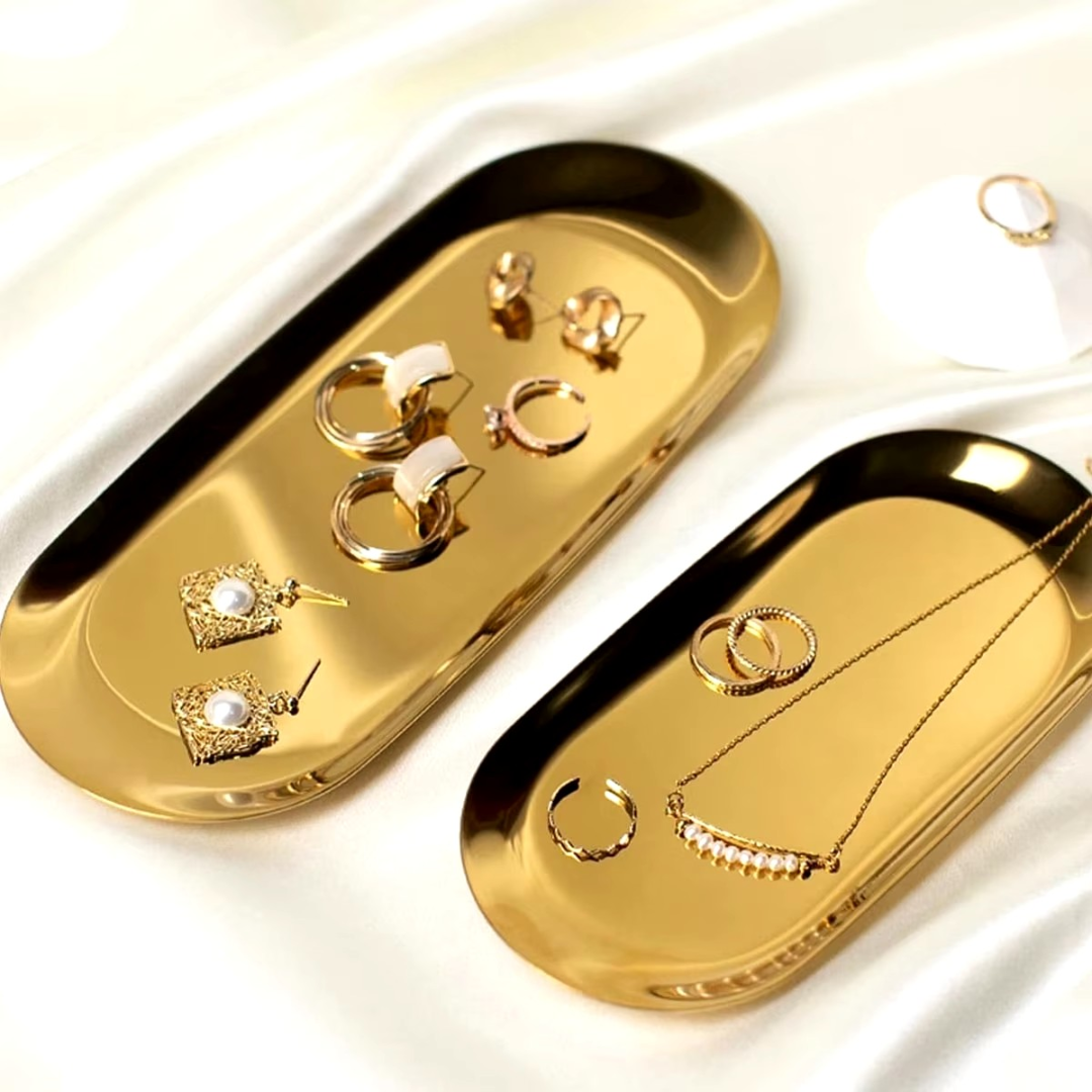 Ovales Edelstahl-Tablett 2er Set kombinierbar– Eleganter Schmuck- und Deko-Organizer für Tisch & Party